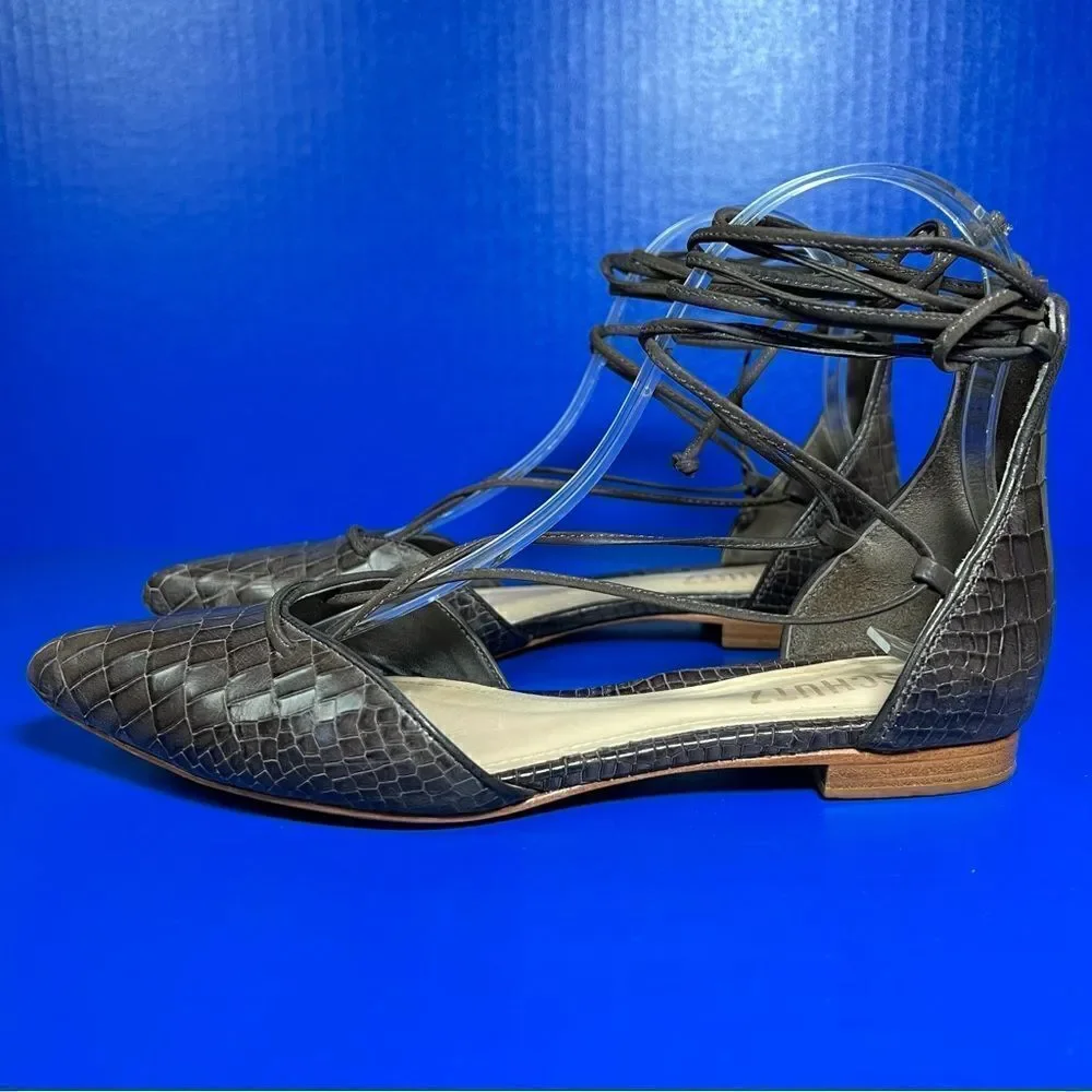 SCHUTZ Womens Neida Grey Crocodile Point Toe D'Orsay Leather Lace Up‎ Flats 6B